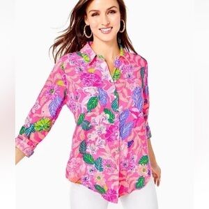 Lilly Pulitzer linen Sea View Pink Isle top, roomy Medium
